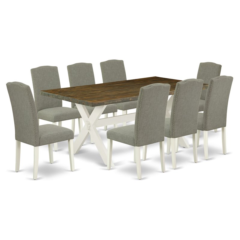 Pemberly Row 9-Piece Dining Set with Wood Table and Fabric Chairs