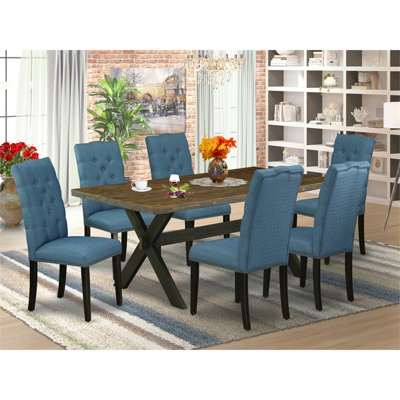 Pemberly Row 7-Piece X-Style Dining Set in Black/Blue/Jacobean