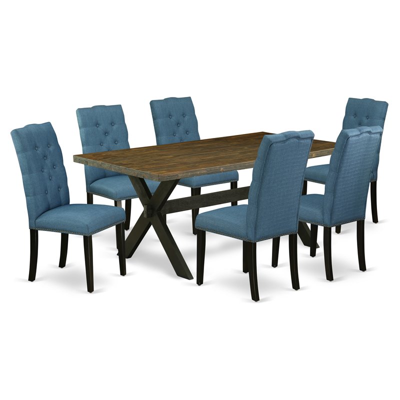 Pemberly Row 7-Piece X-Style Dining Set in Black/Blue/Jacobean