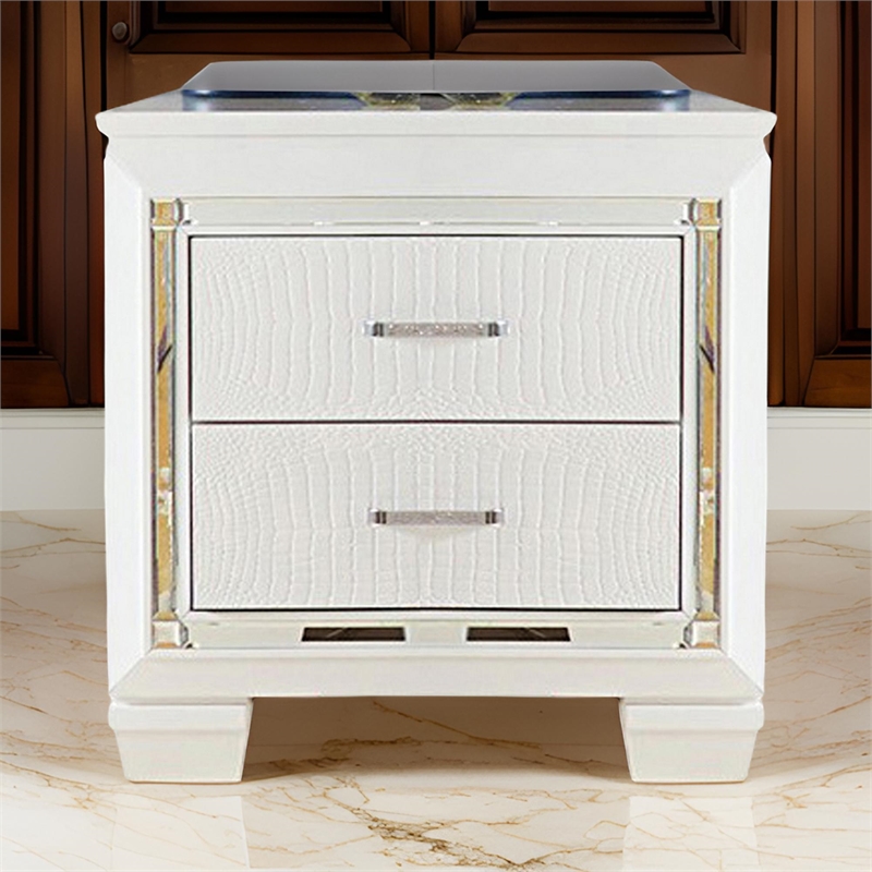 Pemberly Row 2-Drawer Nightstand with LED Light and Mirror Accents in White