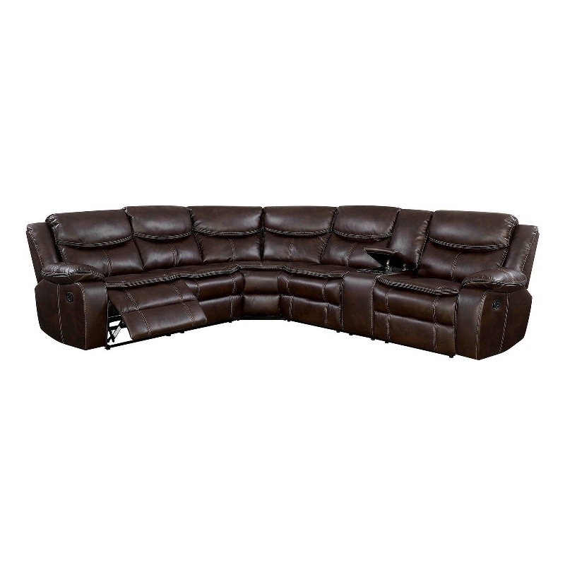 Pemberly Row Faux Leather Reclining Sectional with Console in Brown