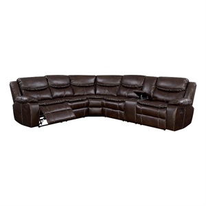 Pemberly Row Faux Leather Reclining Sectional with Console in Brown