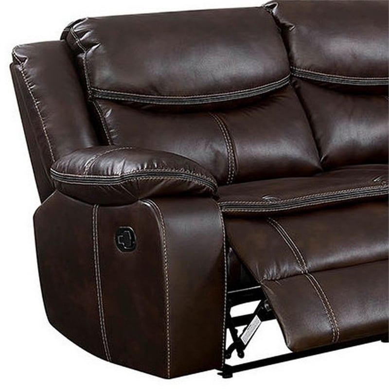 Pemberly Row Faux Leather Reclining Sectional with Console in Brown