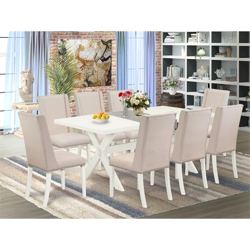 Pemberly Row 9-Piece Traditional Dining Set with Parson Chairs in Cream