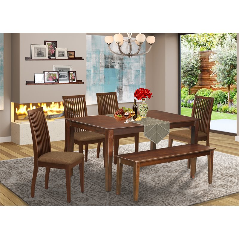 Pemberly Row 6-Piece Wood Dining Set with Bench in Mahogany Finish