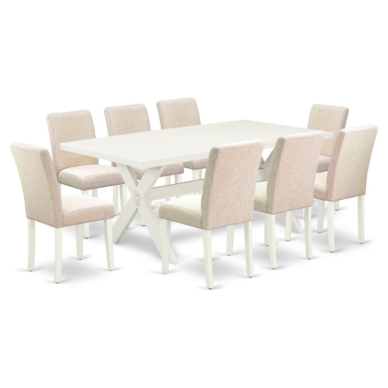 Pemberly Row 9-Piece Dining Set with Parson Chairs in Light Beige and Blue