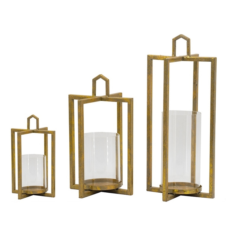 Pemberly Row Geometric Tea Light Lantern Set of 3 in Rustic Gold