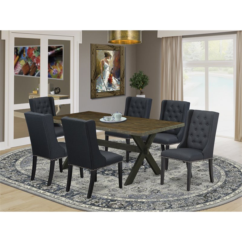 Pemberly Row 7-Piece Dining Set with Fabric Seats in Black Finish