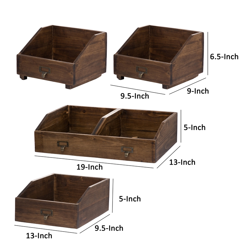 Pemberly Row Fir Wood Storage Box Set of 4 with Metal Handles in Brown