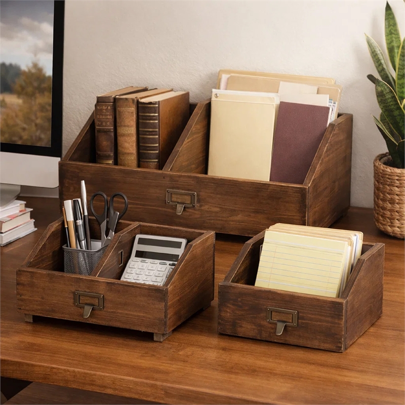 Pemberly Row Fir Wood Storage Box Set of 4 with Metal Handles in Brown