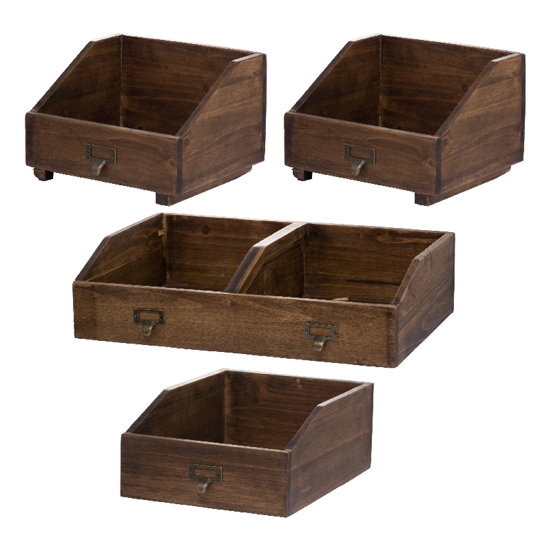 Pemberly Row Fir Wood Storage Box Set of 4 with Metal Handles in Brown