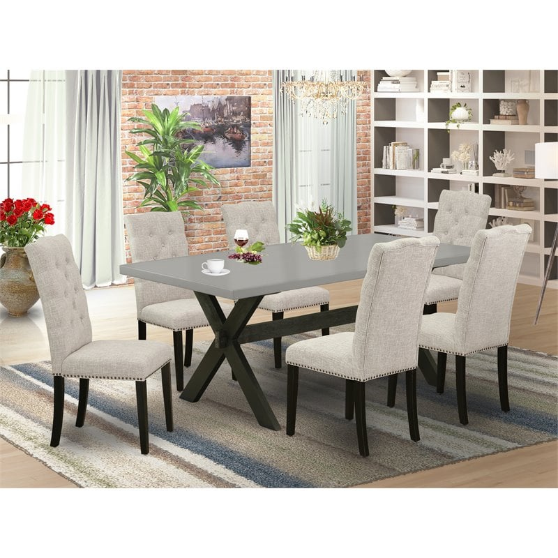 Pemberly Row 7-Piece Wood Dining Set with Linen Chairs in Dark Brown