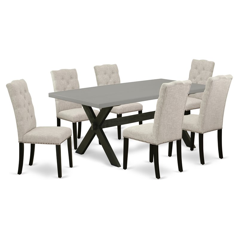 Pemberly Row 7-Piece Wood Dining Set with Linen Chairs in Dark Brown