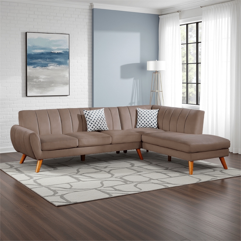 Pemberly Row Lynn 2-Piece Sectional Sofa Set with Chaise in Brown Velvet