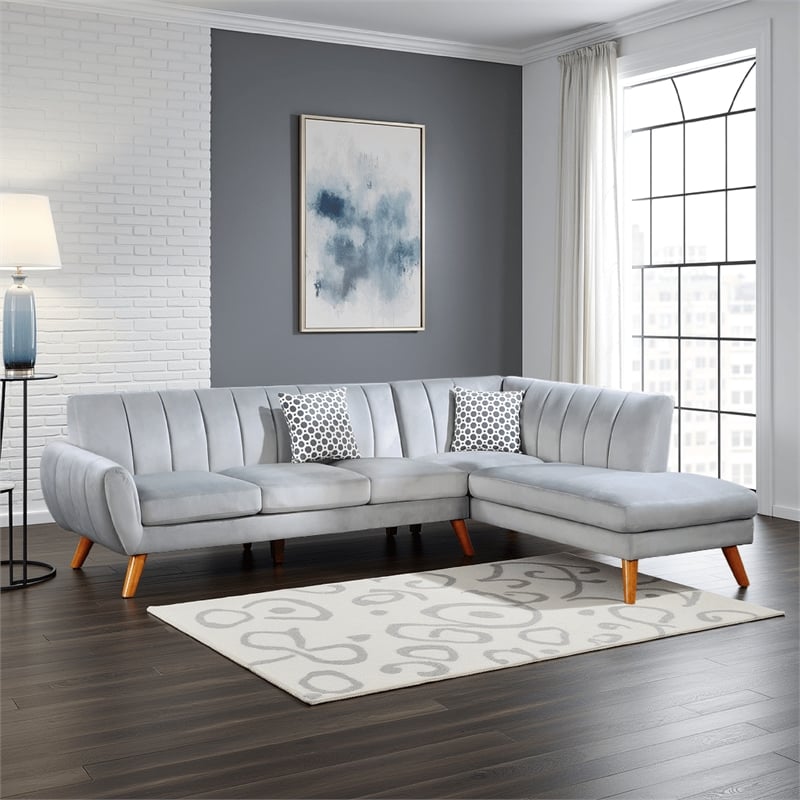 Pemberly Row Lynn 2-Piece Sectional Sofa with Chaise in Light Gray Velvet