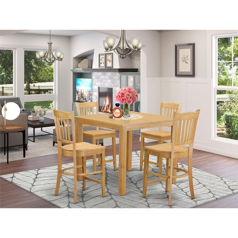 Pemberly Row 5-Piece Wood Dining Set with Bar Stools in Oak Finish