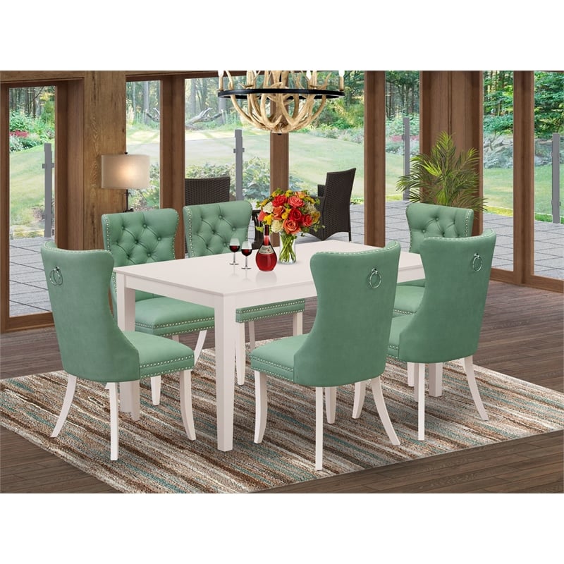 Pemberly Row 7-Piece Dining Table Set in Linen White and Willow Green