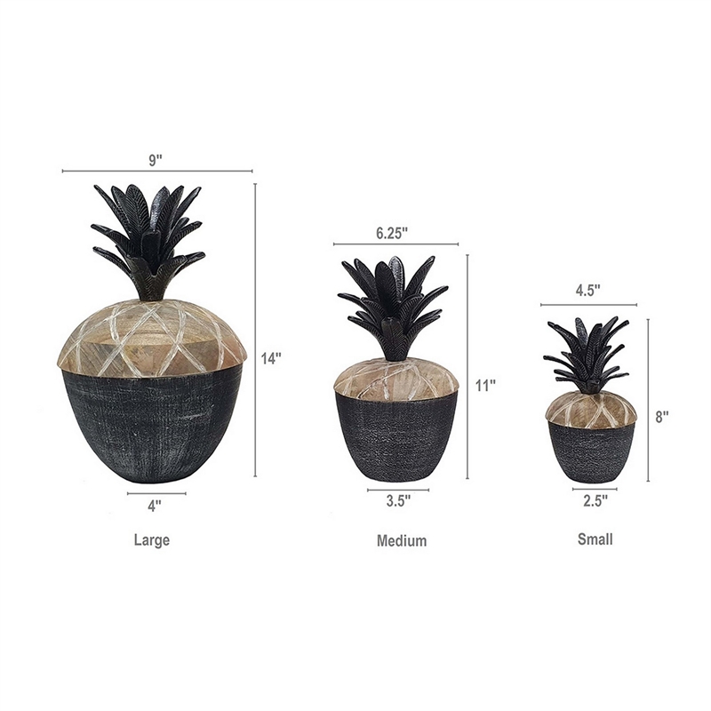 Pemberly Row Mango Wood Pineapple Lidded Jar Set of 3 in Gray/Brown