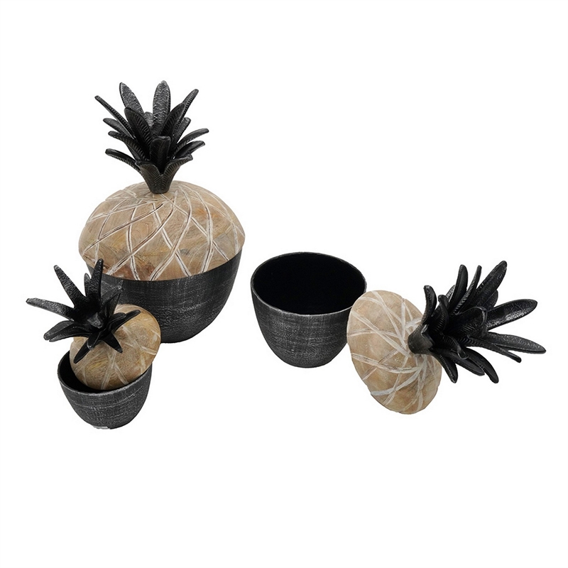 Pemberly Row Mango Wood Pineapple Lidded Jar Set of 3 in Gray/Brown