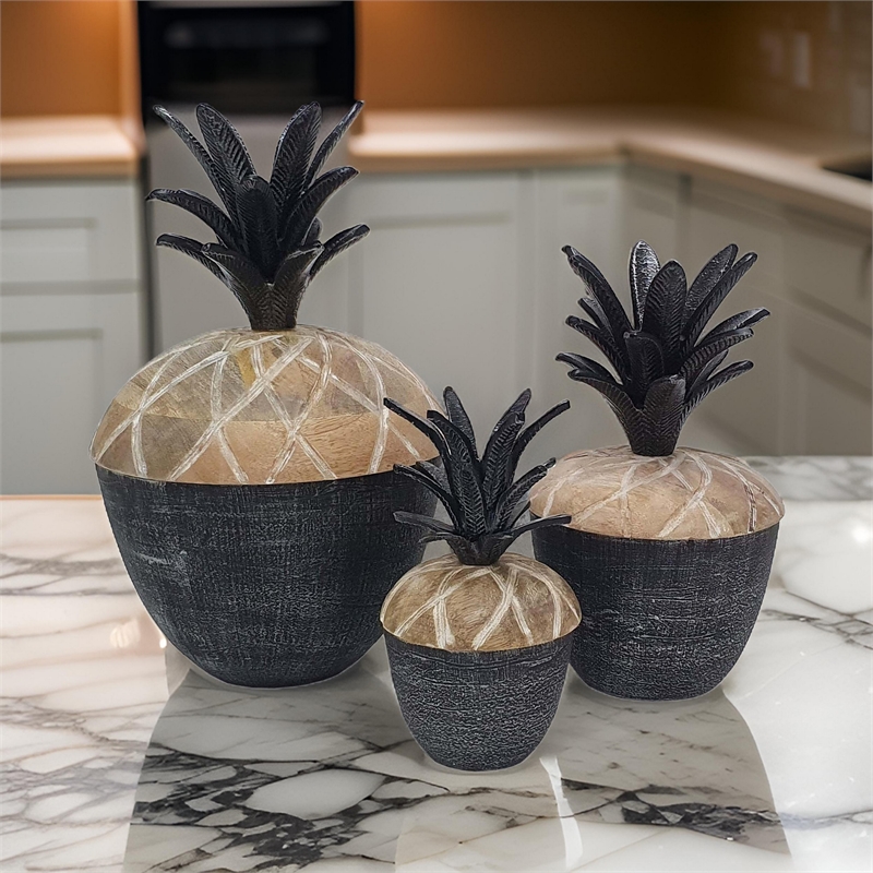 Pemberly Row Mango Wood Pineapple Lidded Jar Set of 3 in Gray/Brown