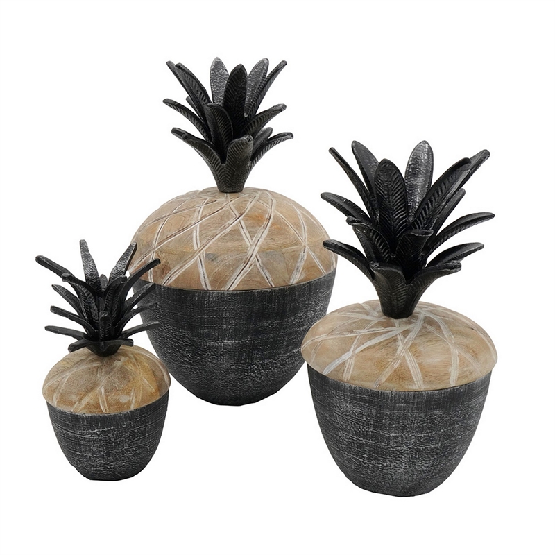 Pemberly Row Mango Wood Pineapple Lidded Jar Set of 3 in Gray/Brown