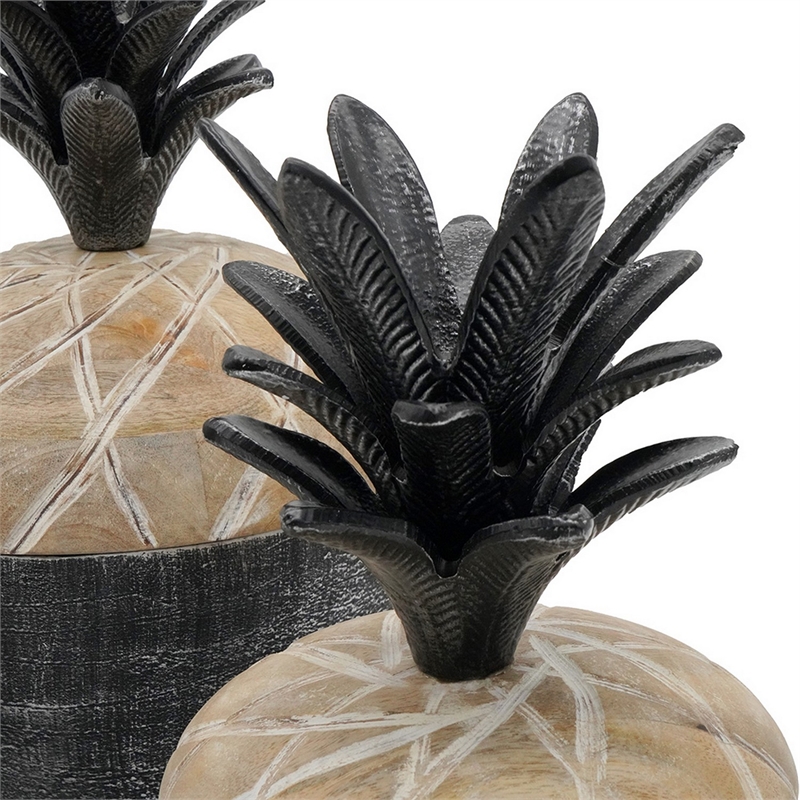 Pemberly Row Mango Wood Pineapple Lidded Jar Set of 3 in Gray/Brown