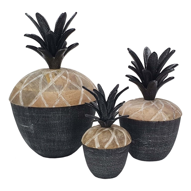 Pemberly Row Mango Wood Pineapple Lidded Jar Set of 3 in Gray/Brown
