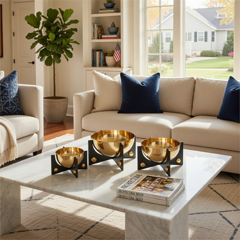 Pemberly Row Gold Aluminum Decorative Bowl Set of 3 with Black Stand