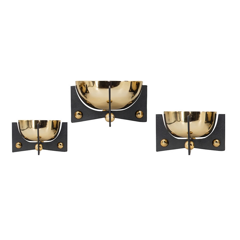 Pemberly Row Gold Aluminum Decorative Bowl Set of 3 with Black Stand