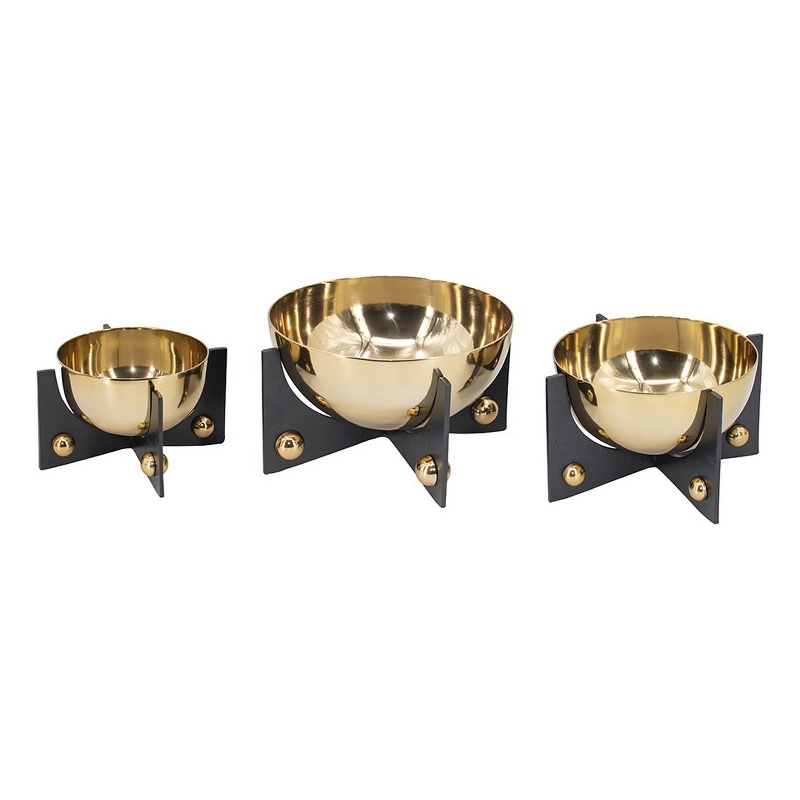 Pemberly Row Gold Aluminum Decorative Bowl Set of 3 with Black Stand