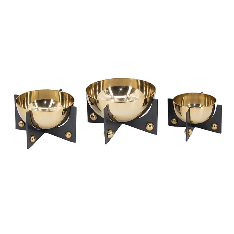 Pemberly Row Gold Aluminum Decorative Bowl Set of 3 with Black Stand
