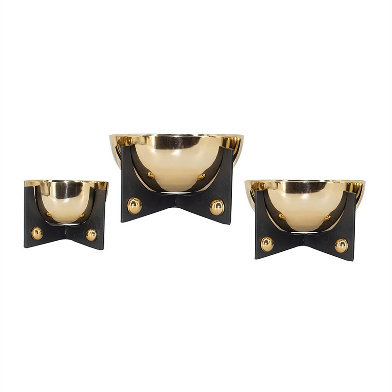 Pemberly Row Gold Aluminum Decorative Bowl Set of 3 with Black Stand