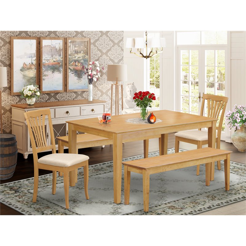 Pemberly Row 5-Piece Wood Dining Table Set with Oak Finish and Benches