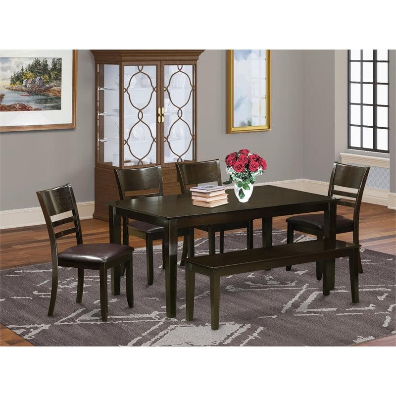 Pemberly Row 6-Piece Cappuccino Dining Set with Bench and PU Leather Chairs