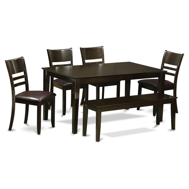 Pemberly Row 6-Piece Cappuccino Dining Set with Bench and PU Leather Chairs