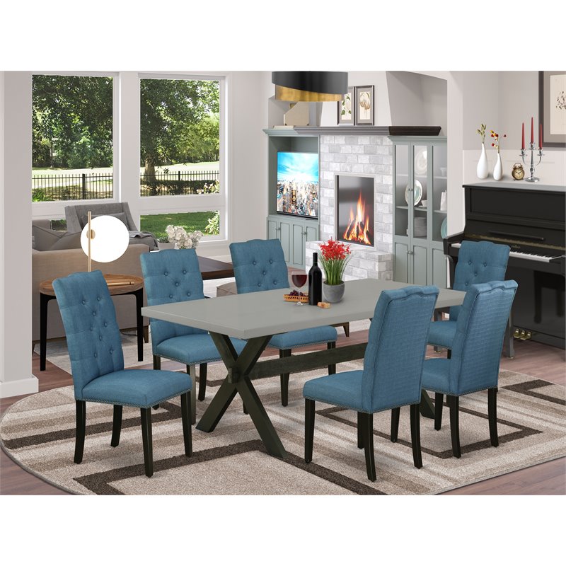Pemberly Row X-Style 7-Piece Wood Dining Set Black Mineral Blue