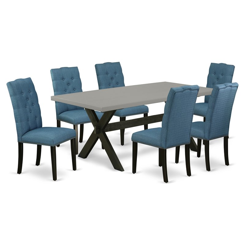 Pemberly Row X-Style 7-Piece Wood Dining Set Black Mineral Blue