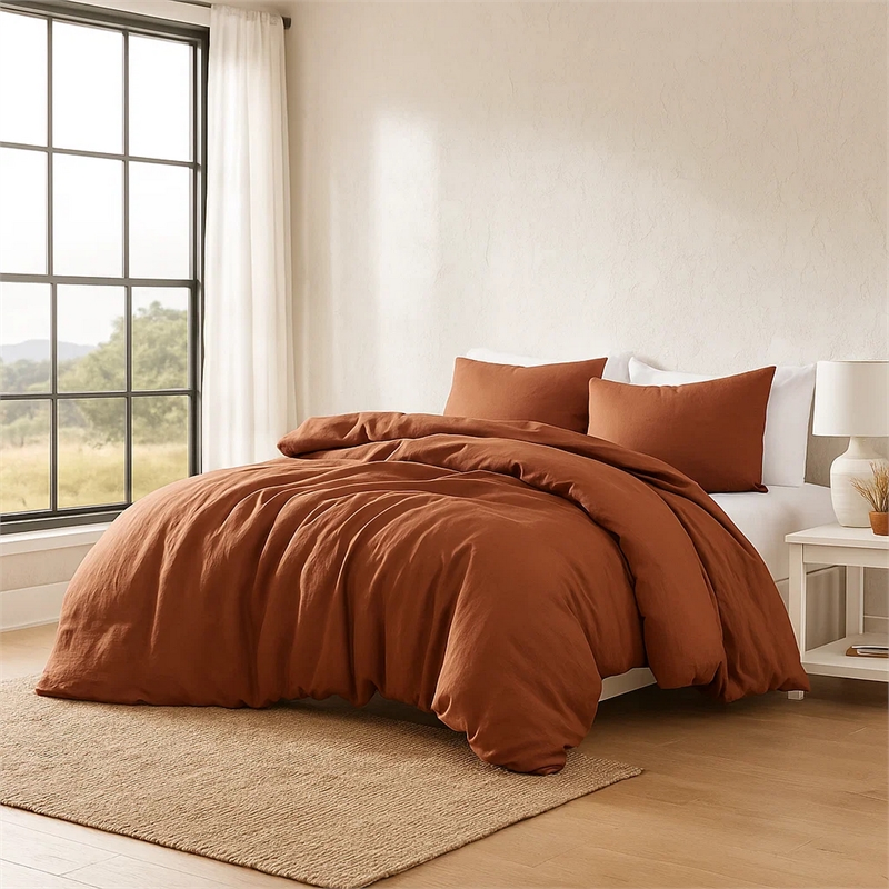 Pemberly Row 4 Piece Queen Duvet Comforter Set Linen in Rust Orange