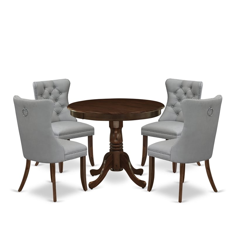 Pemberly Row 5-Piece Light Gray and Walnut Round Pedestal Dining Set