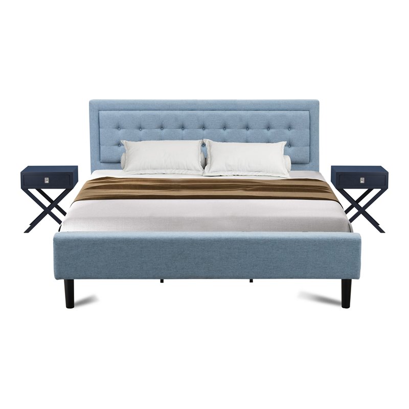 Pemberly Row 3-Piece Wingback Bedroom Set in Denim Blue with Nightstands