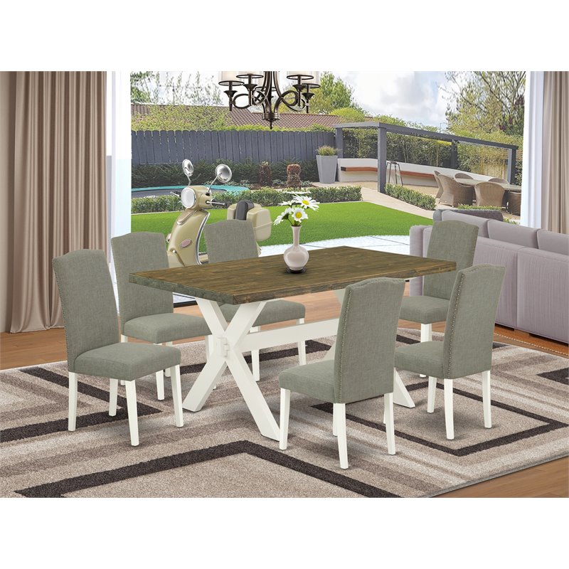 Pemberly Row X-Style 7-Piece Wood Dining Set in Linen White/Dark Shitake
