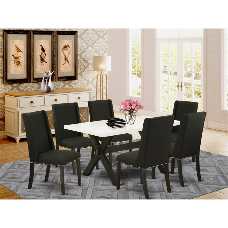 Pemberly Row 7-Piece Wood Dining Set with Linen Fabric Chairs in Black