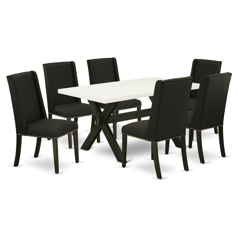 Pemberly Row 7-Piece Wood Dining Set with Linen Fabric Chairs in Black