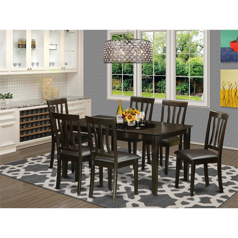 Pemberly Row 7 Pc Wood Dining Set with Leather Seats in Cappuccino