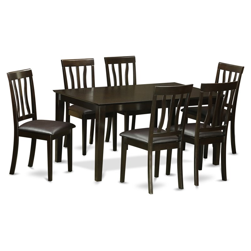 Pemberly Row 7 Pc Wood Dining Set with Leather Seats in Cappuccino