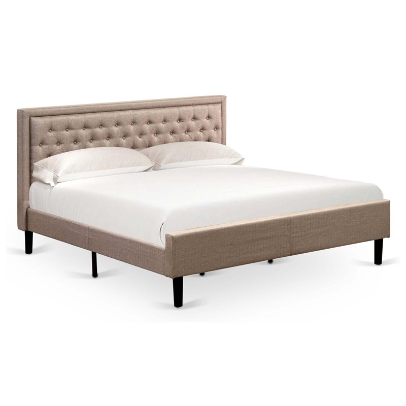 Pemberly Row Wood & Linen Fabric King Size Bed in Khaki Brown