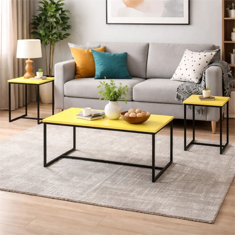 Pemberly Row 3 Piece Coffee Table and End Table Set Yellow Carbon Fiber Top