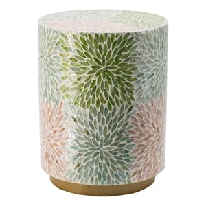 Pemberly Row 14&quot Cylindrical Capiz Shell Accent Table Stool Elegant Leaves
