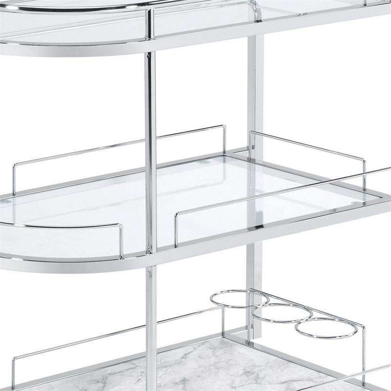 Pemberly Row Serving Cart with Oval Shape and Metal Bar Handle in Silver