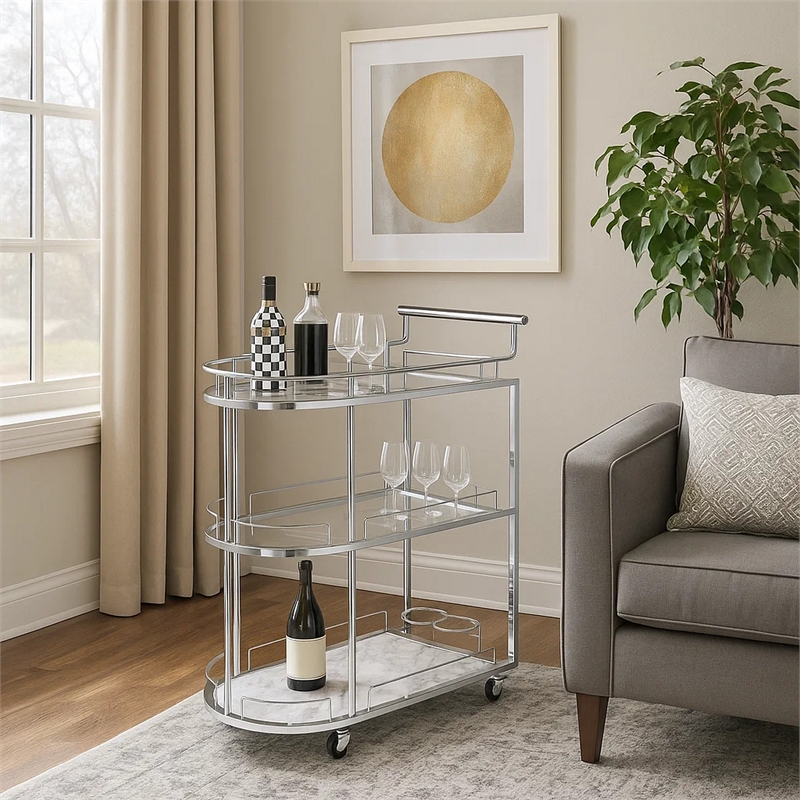 Pemberly Row Serving Cart with Oval Shape and Metal Bar Handle in Silver